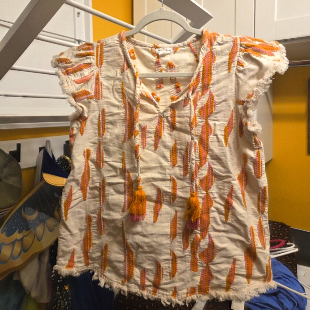 Boho Cream and Orange Tassel Blouse